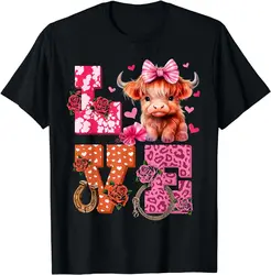 Cute Highland Cow And Pink Heart Valentines Day Love Leopard T-Shirt