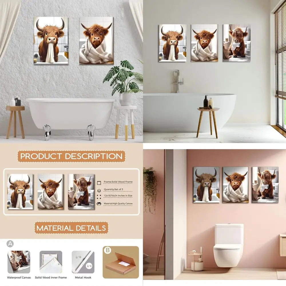 

Набор из 3-х настенных рисунков с юмористической коровой, очаровательный декор для ванной комнаты с коричневой коровой, принты на холсте в деревенском стиле для унитаза, 16x24 дюйма