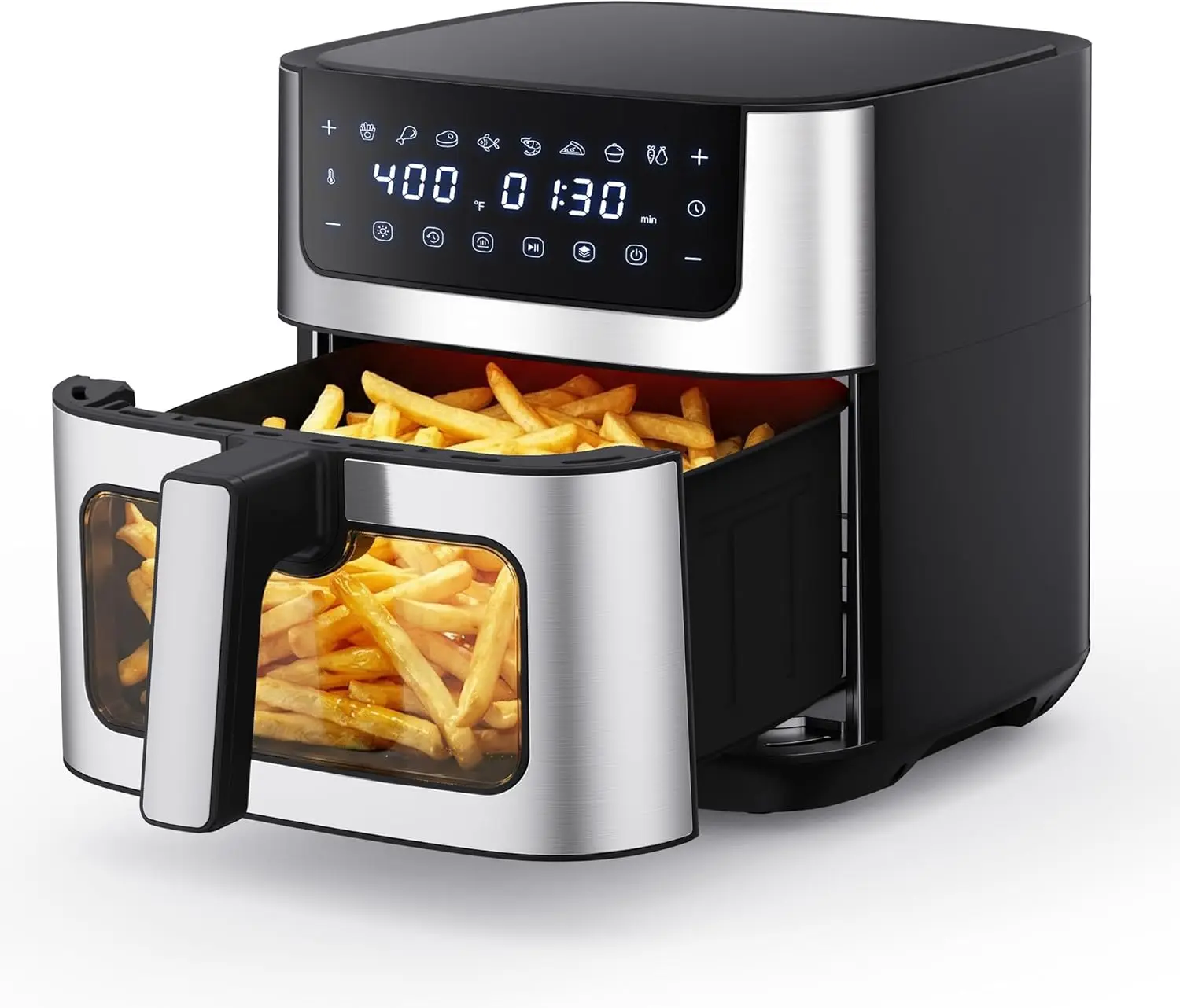 

Аэрофритюрница 6.34QT с прозрачным окном, 400 ℉ Быстрый нагрев, антипригарная корзина, пригодная для мытья в посудомоечной машине, 8 предустановленных программ.