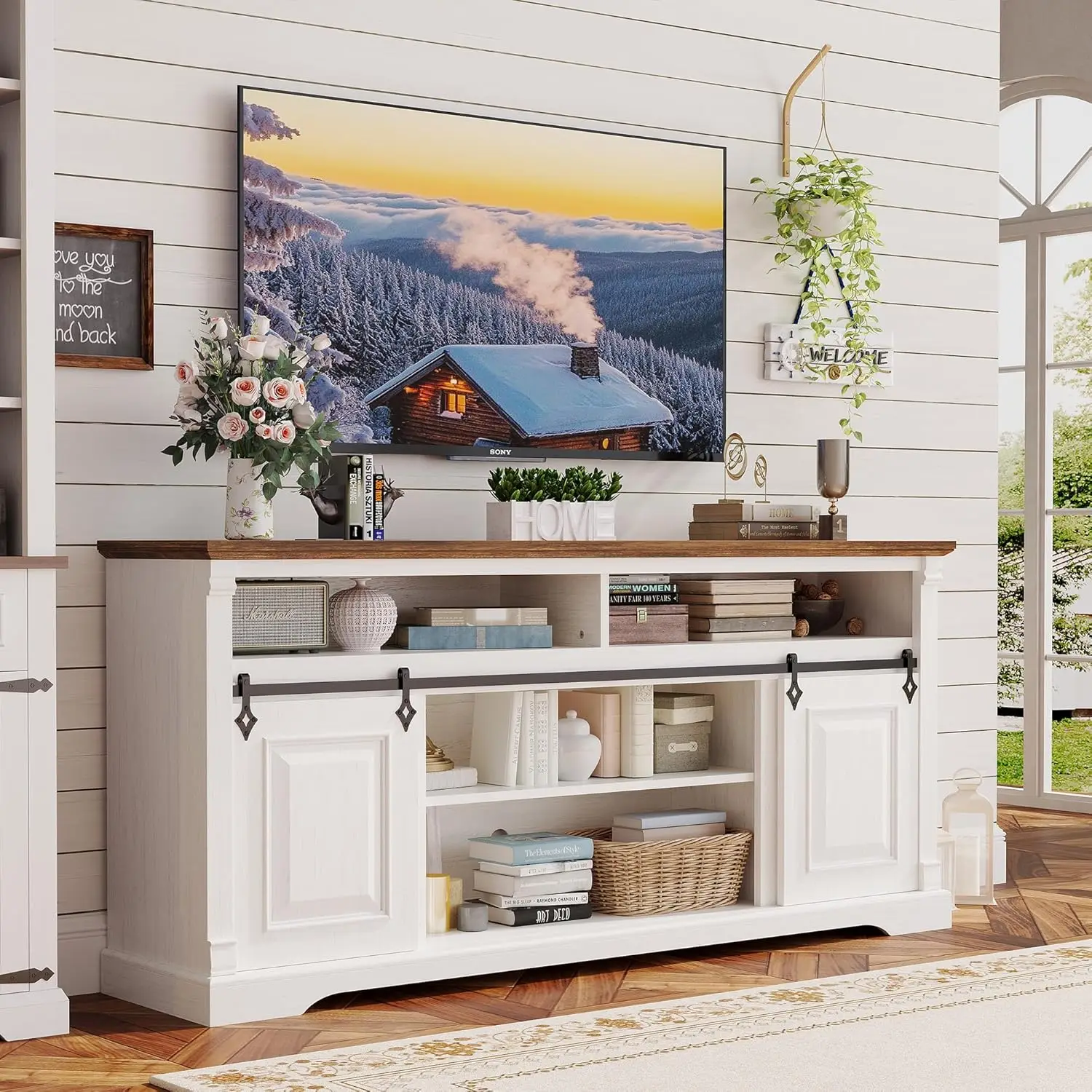 

Farmhouse TV Stand for 75+ Inch TV, 70" Entertainment Center with Storage Cabinets and Sliding Barn Door, White