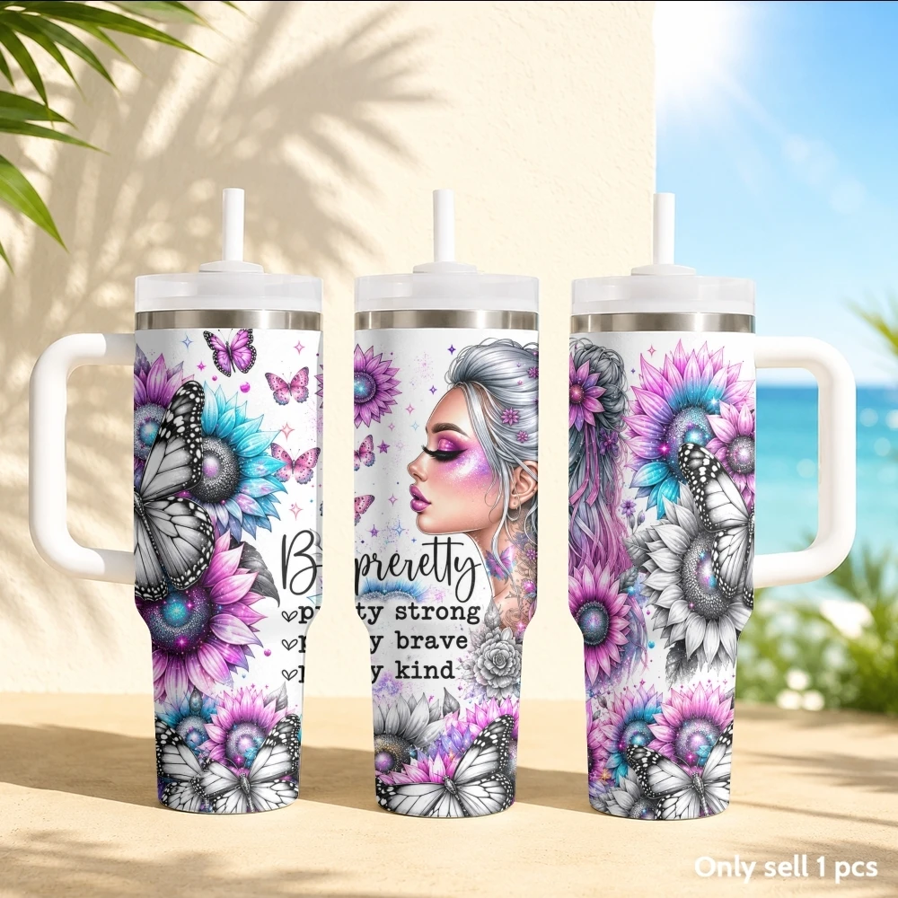 Art A girl with heavy makeup Vacuum Flasks 40oz Stainless Steel Insulated Tumbler with Handle & Straw Leakproof Travel Mug