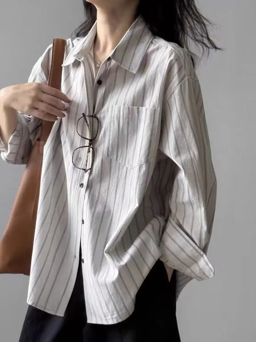 

Women's New Fashion Striped Cotton Linen Shirt Summer Polo Neck Single Breasted Long Sleeve Loose Cardigan Casual Office Tops