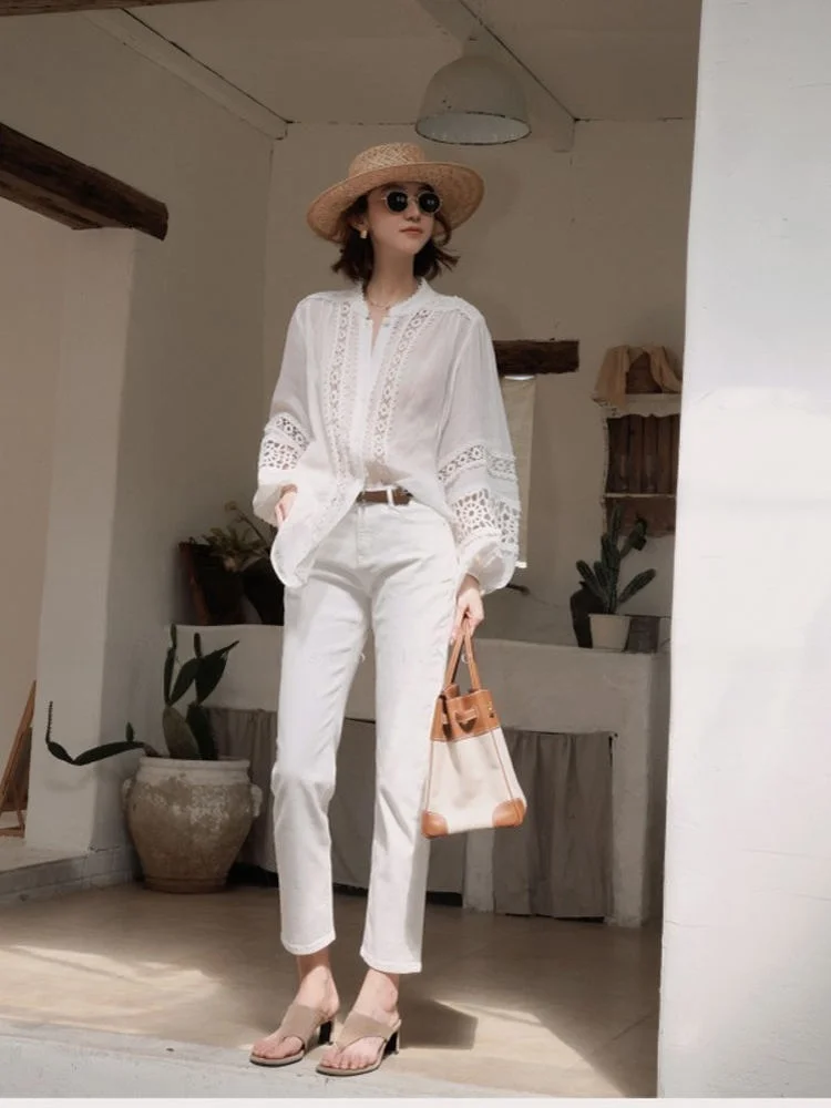 

Летние новые белые простые универсальные облегающие эластичные брюки-капри Needop для женщин, повседневные, с высокой талией, из хлопкового стрейч-денима