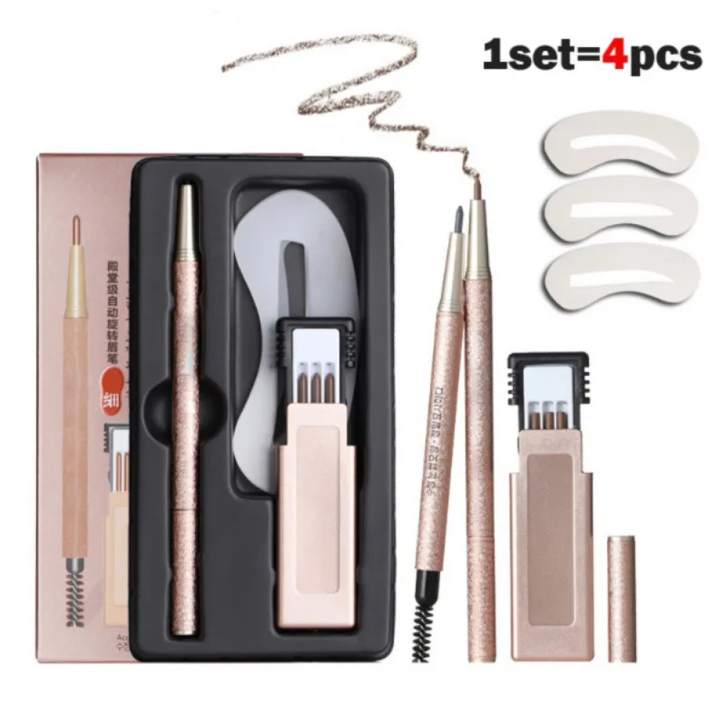 Automatic Eyebrow Pencil with 3 Stencils Waterproof Long Lasting Sweat-proof Cosmetics Refill Pigment Pro Eye Brow Makeup Kit