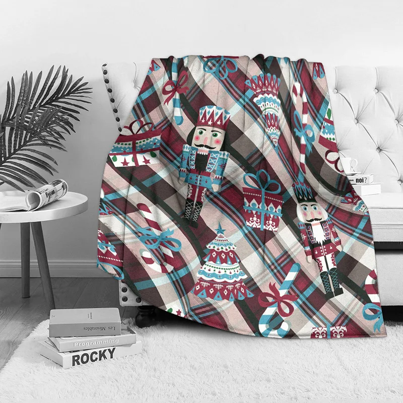 Classic Christmas Fleece Blanket with Nutcracker and Tree, Red Blue Plaid Pattern, Soft Plush Throw for Holiday Sofa Decor