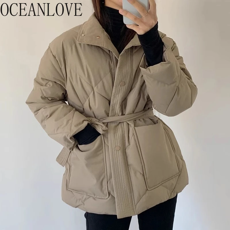 

OCEANLOVE осенне-зимние куртки женские однотонные повязки корейская мода водолазка парки пальто с карманами элегантные ретро Chaquetas
