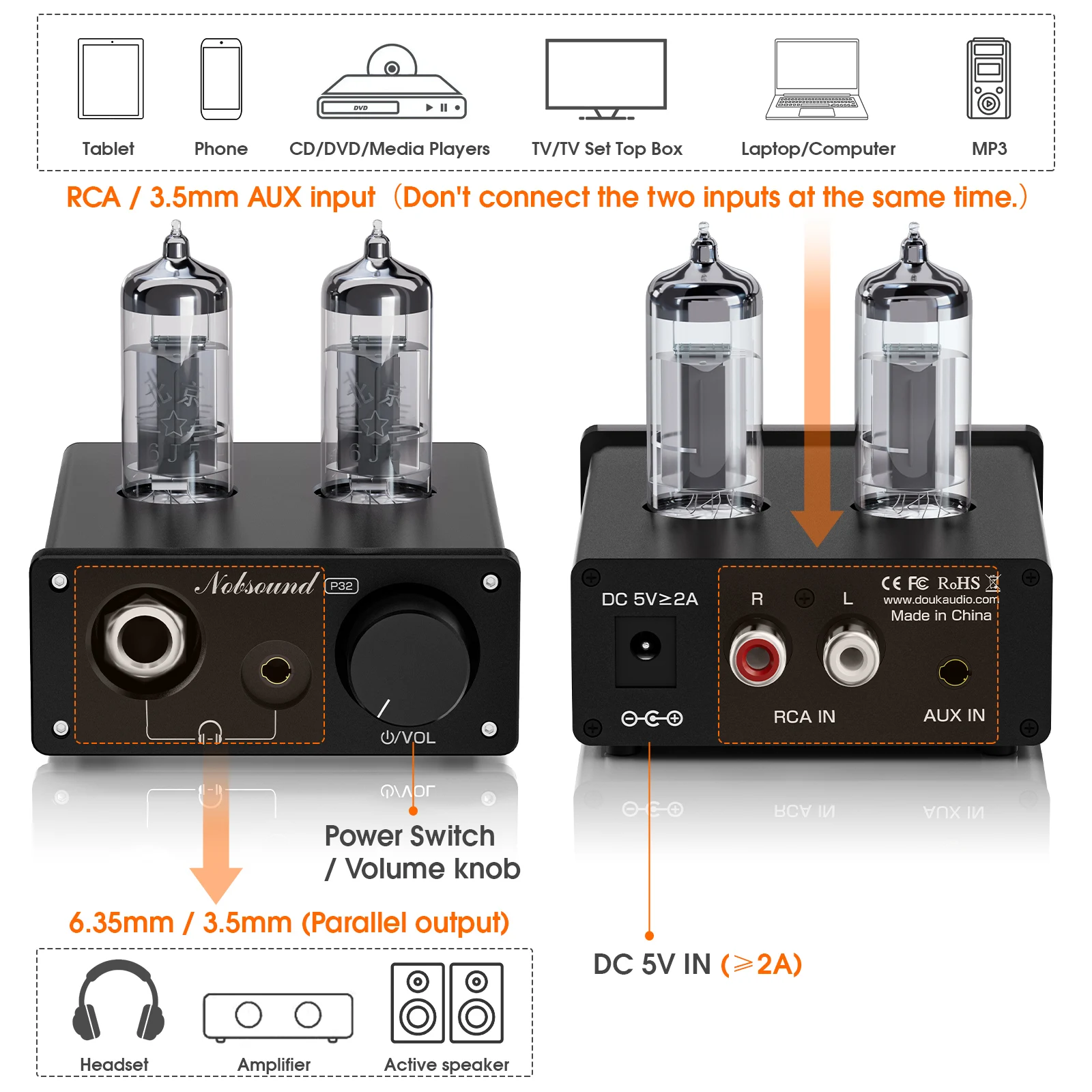 Nobsound P32 Mini-Röhrenvorverstärker Desktop 3,5mm/6,35mm Kopfhörerverstärker mit steckbarem Operationsverstärker – Detail 2