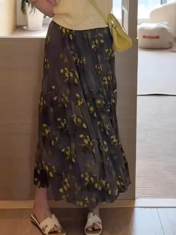 

Юбка миди А-силуэта с цветочным принтом, женская, летняя, 2025, новая, с завышенной талией, свободная, прикрывающая бедра, в корейском стиле, средней длины