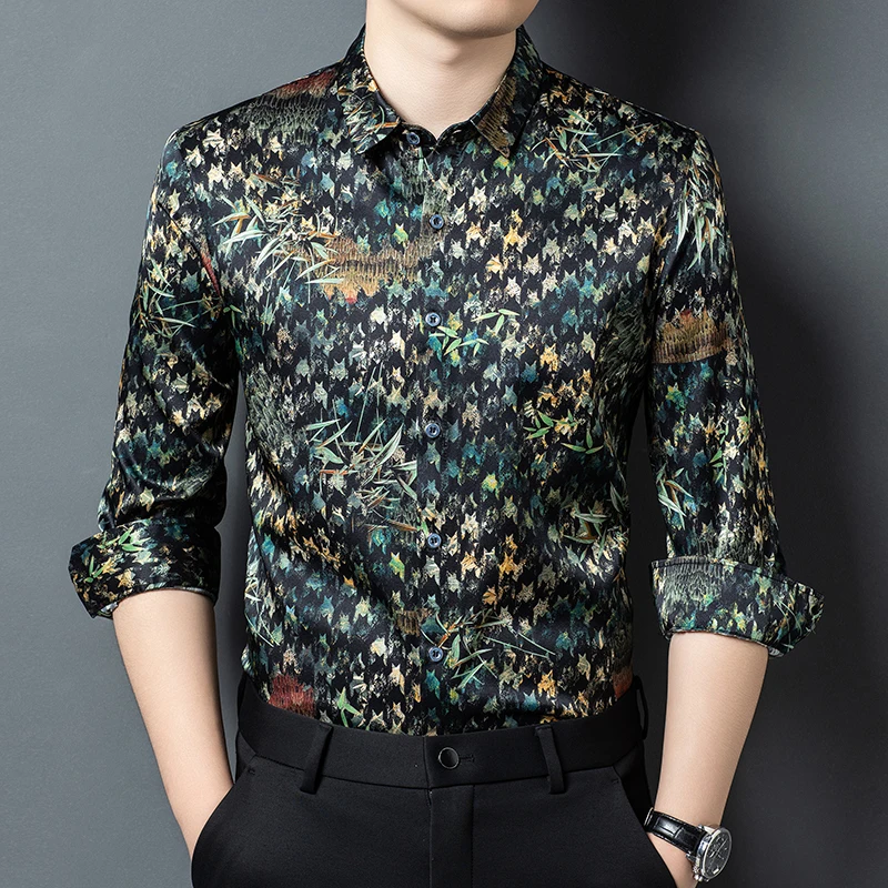 Luxurious Skin-Friendly Shirts For Men Long Sleeve Print Fashion Summer Quality Geniune Silk 92.5% Lightweight Camisas De Hombre