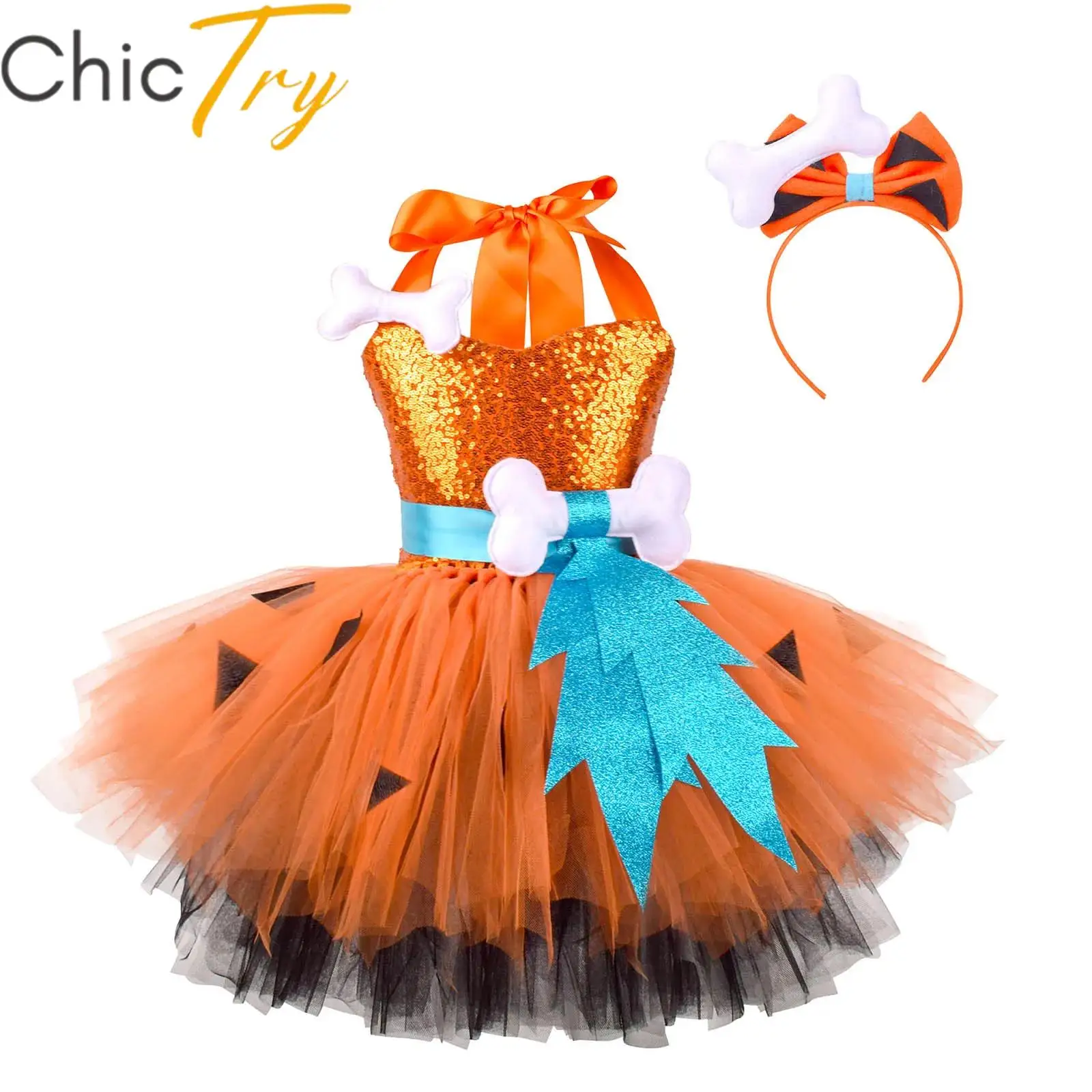 

Kids Girls Stone Age Cavegirl Caveman Hominid Cosplay Costume 3D Bone Tutu Dress with Headwear Halloween Theme Party Dress Up