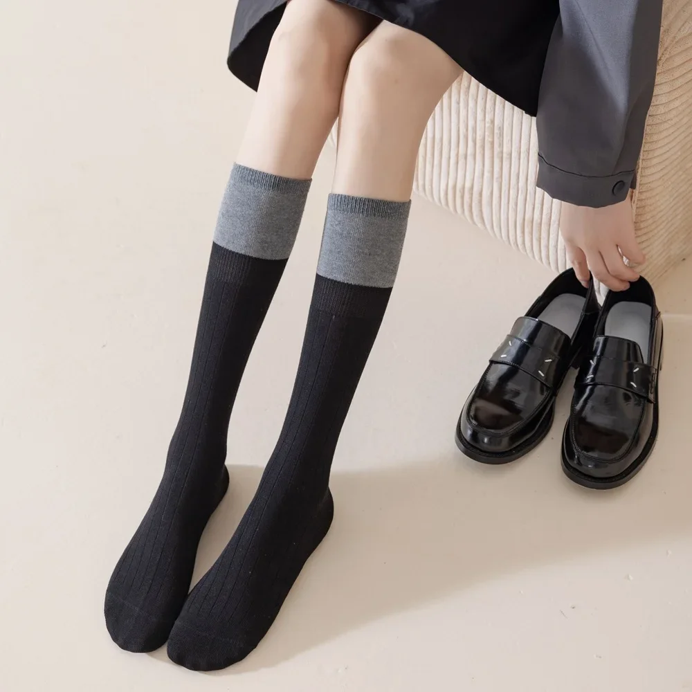 Black White Gray Socks Stockings Women Color Matching JK Japanese Style Knee Socks School Girls Cotton Long Socks Women Stocking