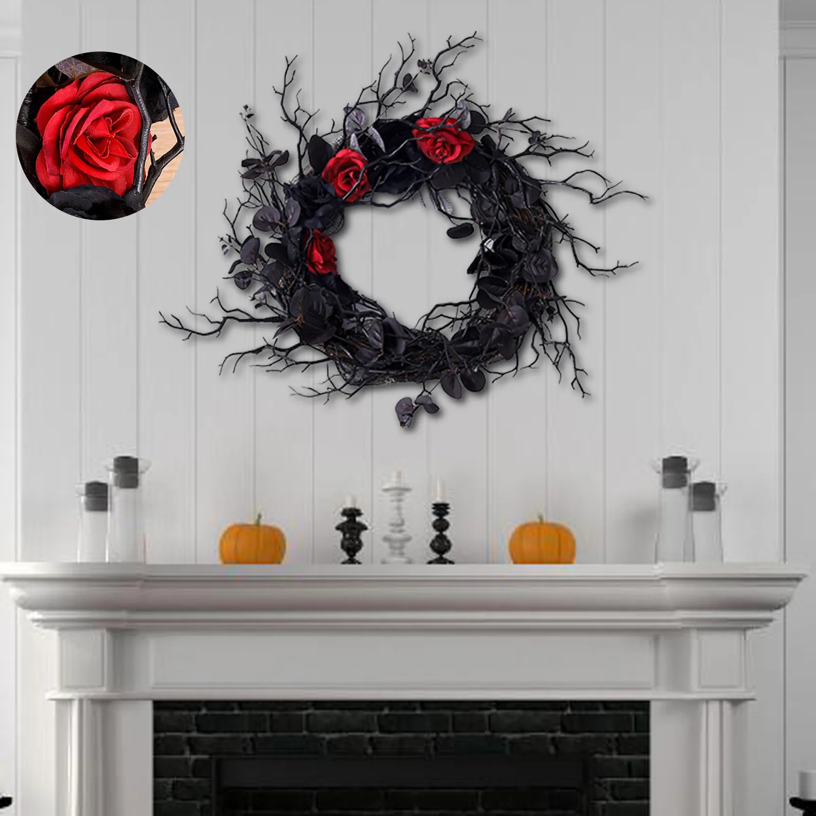 Black Halloween Wreath With Plastic Branches And Synthetic Flowers Beautiful Decorative Floral Solar Christmas Wreaths Outdoor