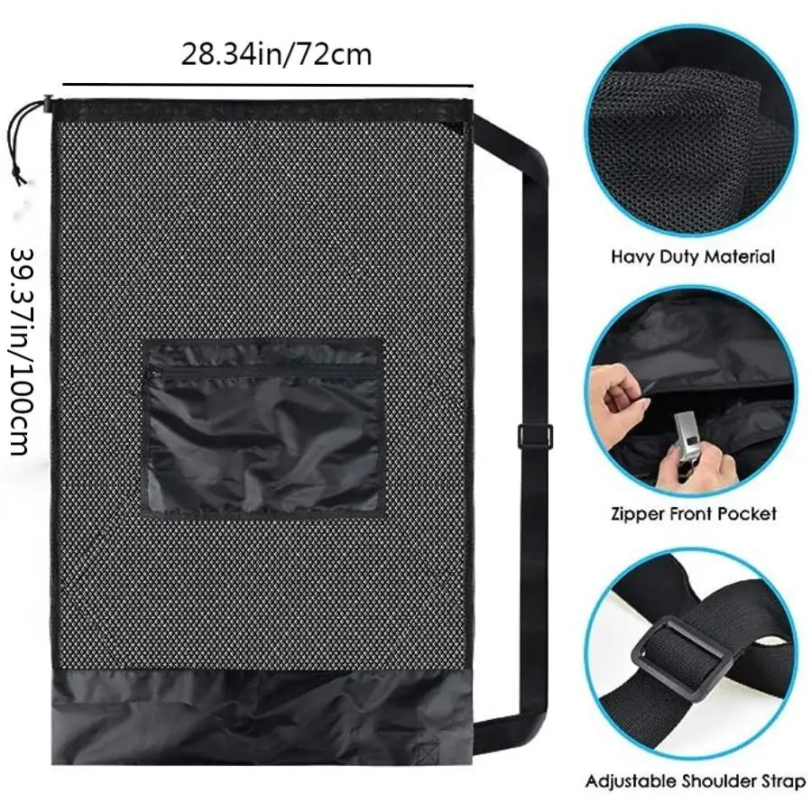 Large mesh sports bag with shoulder straps, drawstring bag for storing basketball, volleyball, baseball, and swimming equipment