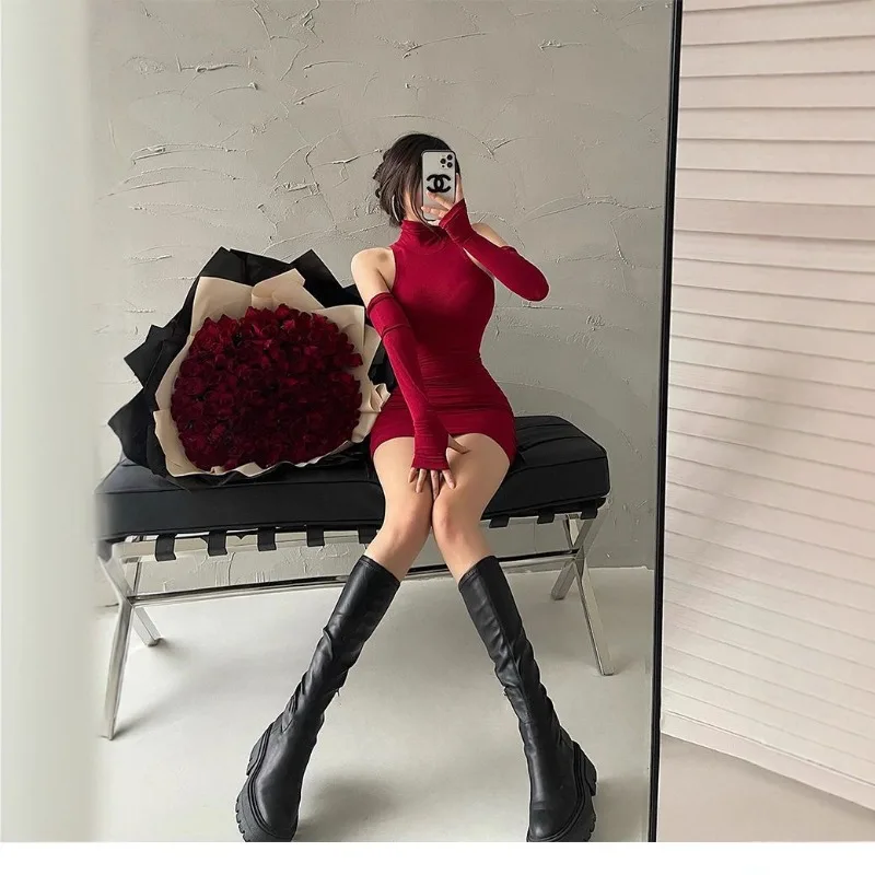 

Hanging Neck with Sleeves Mini Dress 2025 Winter Waist Slim Wrap Hip Party Women Dress French Summer Vestidos Para Mujer Платье