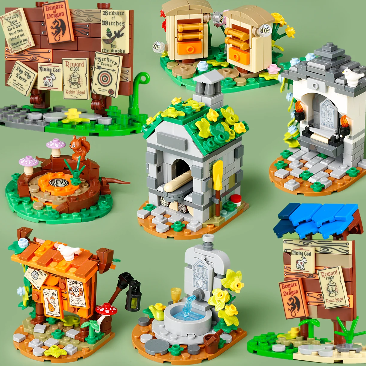 MOC Notice Board Building Blocks Bee Farm Fountain Bonfire Stove Medieval Town Street View Water Wall Bridge Road Sign Brick Toy