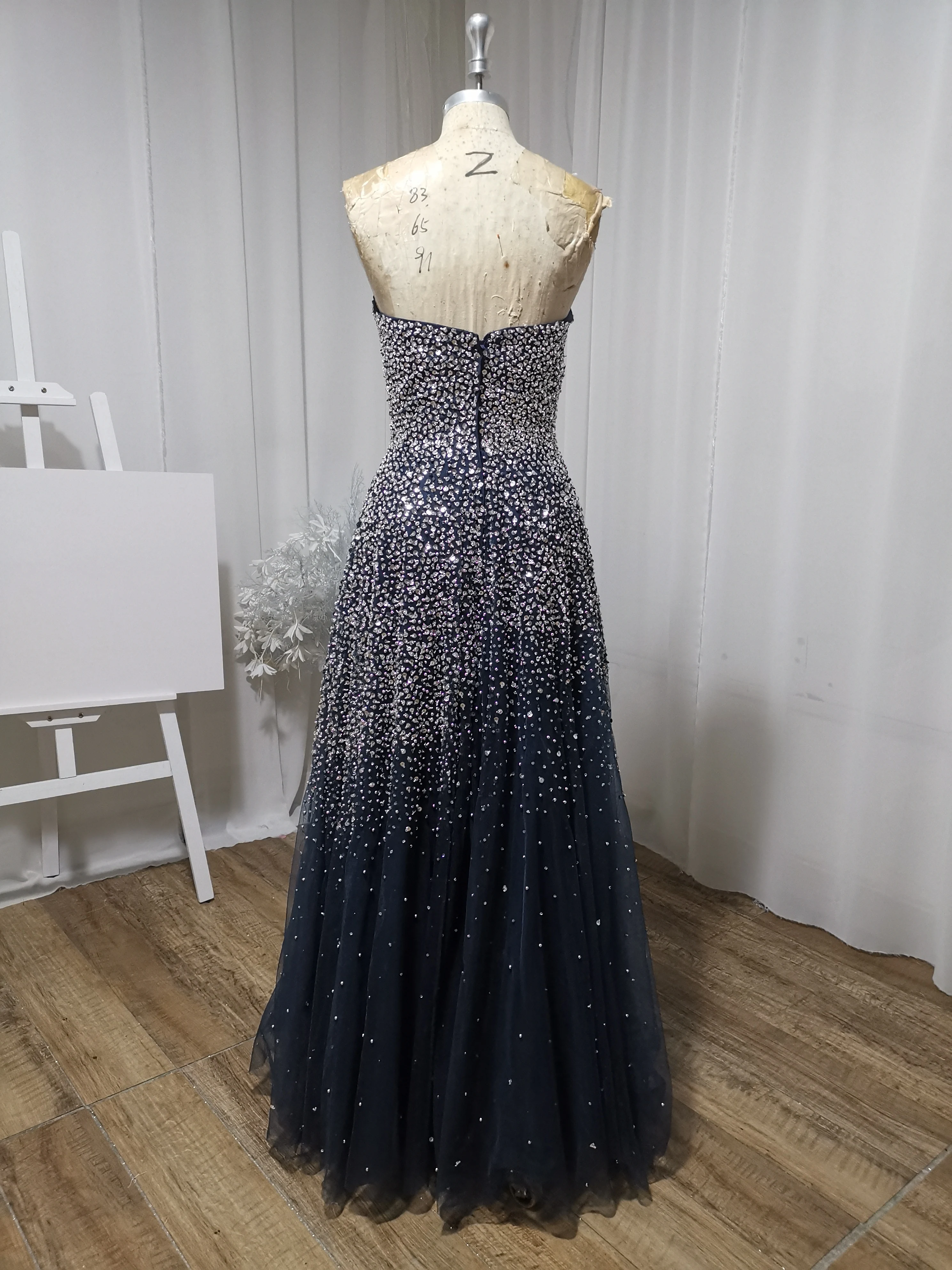 Luxury Handmade Beaded Ball Gown Off Shoulder Tulle Long Navy Blue Black Girls Favorite Party Dress