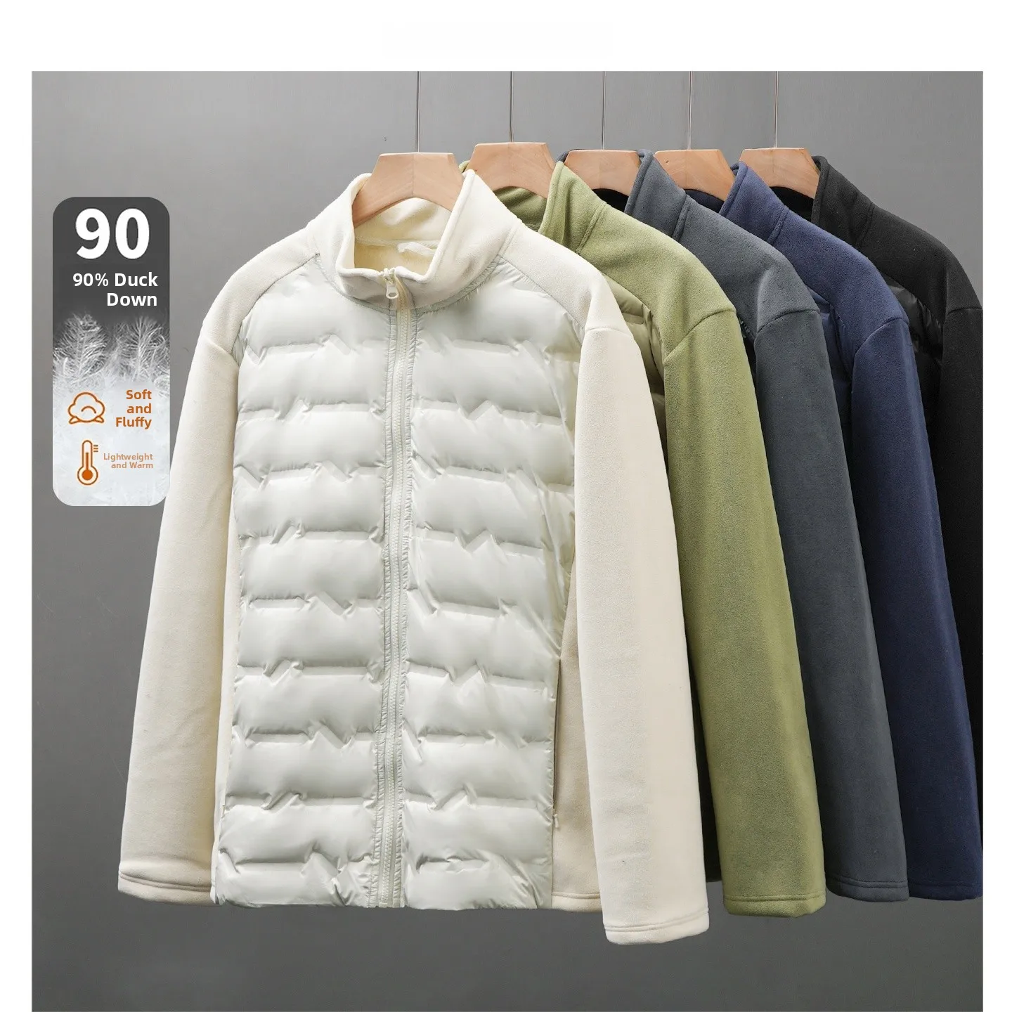 

90 Duck down Jacket Men's Inner Fleece Lined Stand Collar Coat Warmth Windproof Outdoor Casual Style Zipper Closure