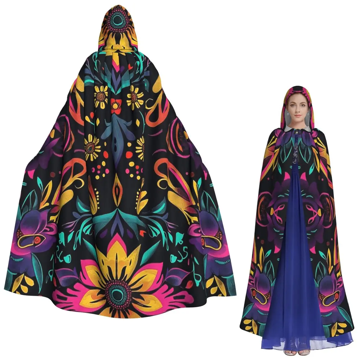 

Красочный мексиканский узор, традиционный и праздничный длинный плащ с капюшоном, средневековый костюм ведьмы, накидка для косплея, пальто на Хэллоуин для взрослых
