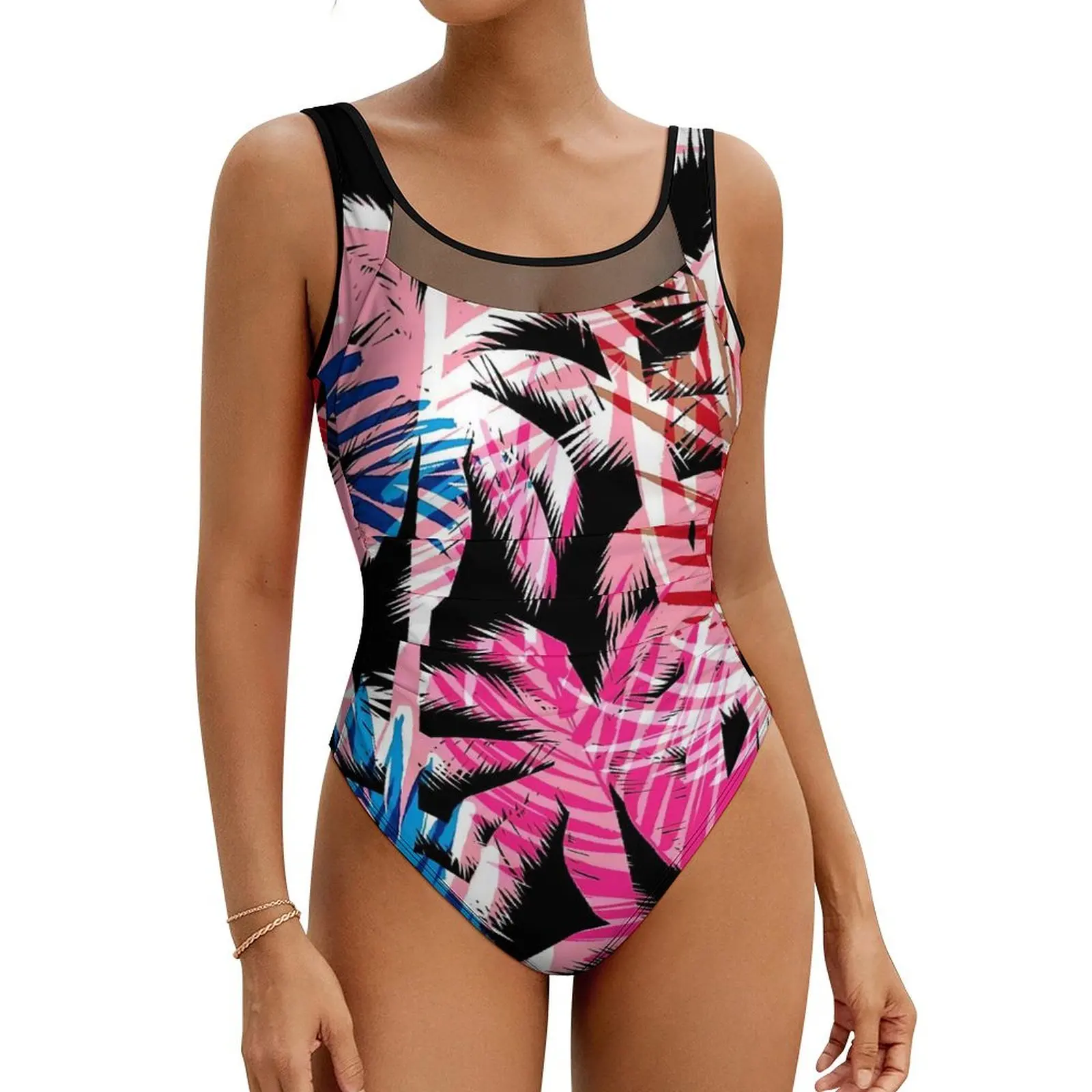 

Palm Trees Tropical Swimsuit Pink And Blue One-Piece Swimwear Push Up Kawaii Bathing Suit Sexy Beach Pattern Swimsuits