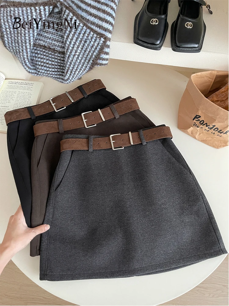 

Beiyingni Fall Winter Women's Woolen Suit Skirts Belted Casual Simple Elegant Lining A-line Mini Skirt Female Black OL ChicJupes