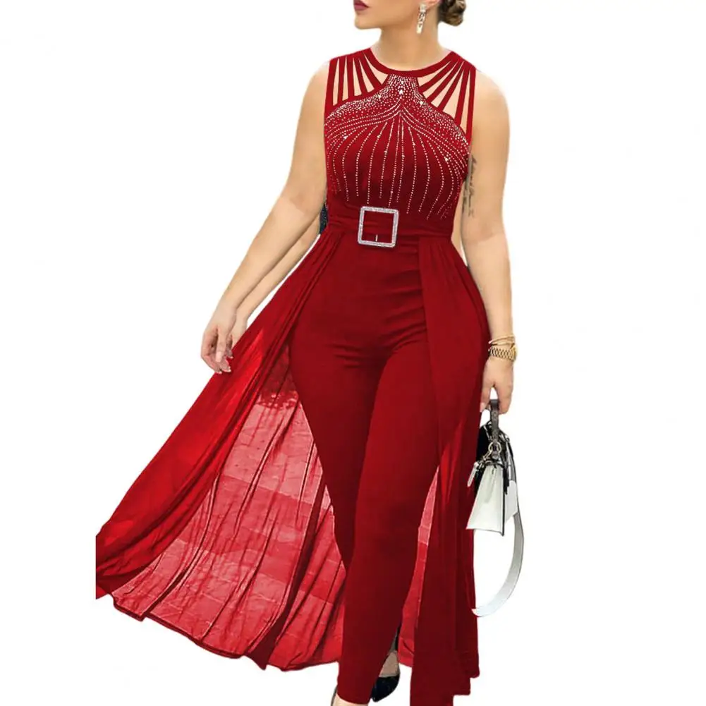 Mesh Patchwork Jumpsuit Elegant Rhinestone Buckle Jumpsuit for Women Mesh Patchwork High Waist Jumpsuit Formal Occasion Party