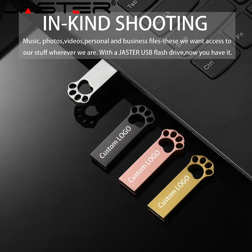 Metal Golden USB 2.0 Flash Drives 64G Cat Paw Lovely Hollow Out Adapters Memory Stick Creative Gifts Key Chain Waterproof U Disk