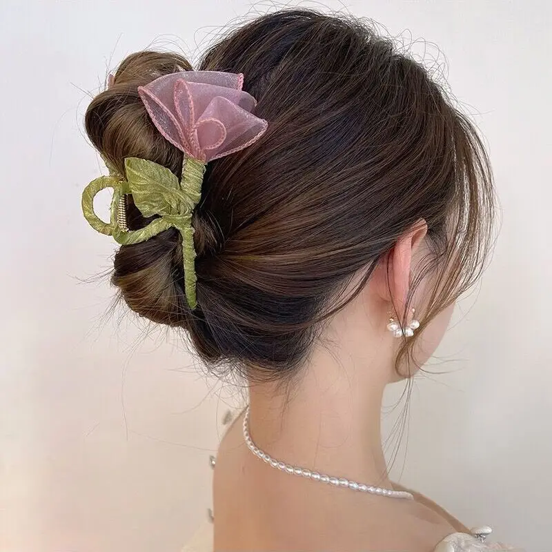 Haimeikang Tulip Tulle Shark Clip Hair Claws For Women Elegant Ponytail Hairpin Hair Crabs Girls Fashion Hair Accessories