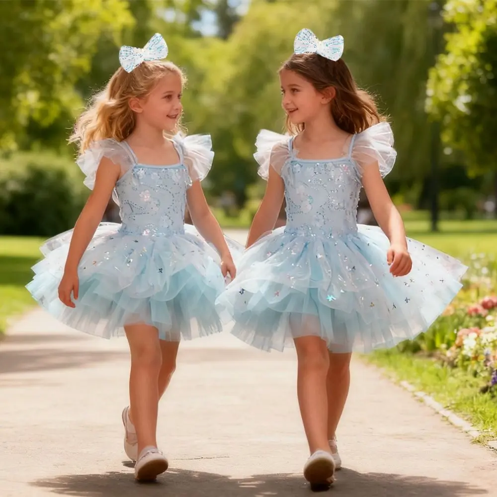 ชุดบัลเลต์เด็กประดับเลื่อมลายดอกไม้ ชุดแสดงพองฟู ชุดปาร์ตี้ทันสมัย ชุดเต้นรำ