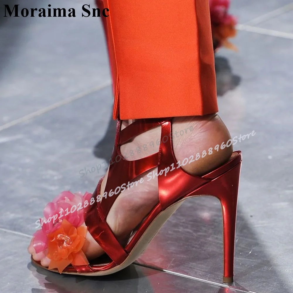 

Orange Metallic Flower Decoration Sandals Thin High Heel Shoes For Women Ankle Velcro Belt Open Luxury Catwalk Women Sandals