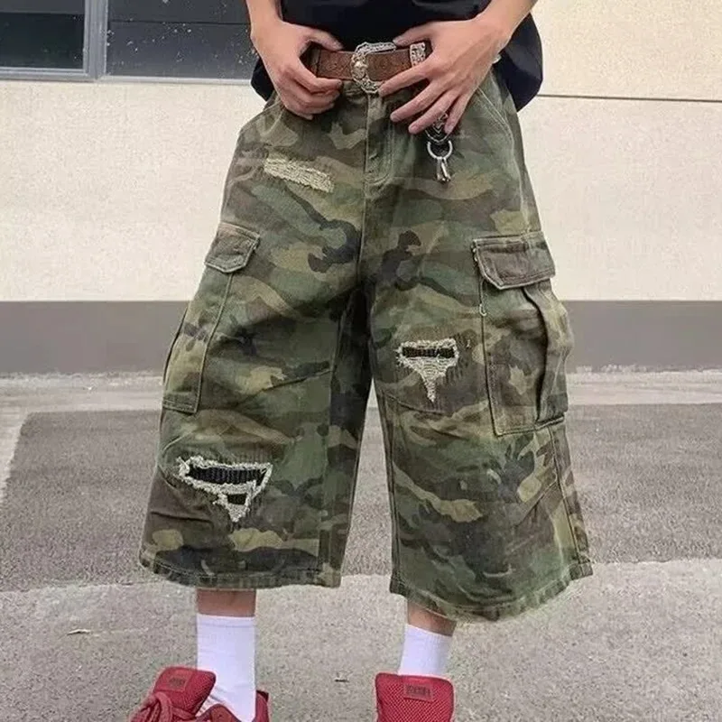 

Mens Camo Cargo Denim Shorts Distressed Straight Leg Casual Seven Inch Shorts Y2K Streetwear Vintage Loose Fit Summer Fashi
