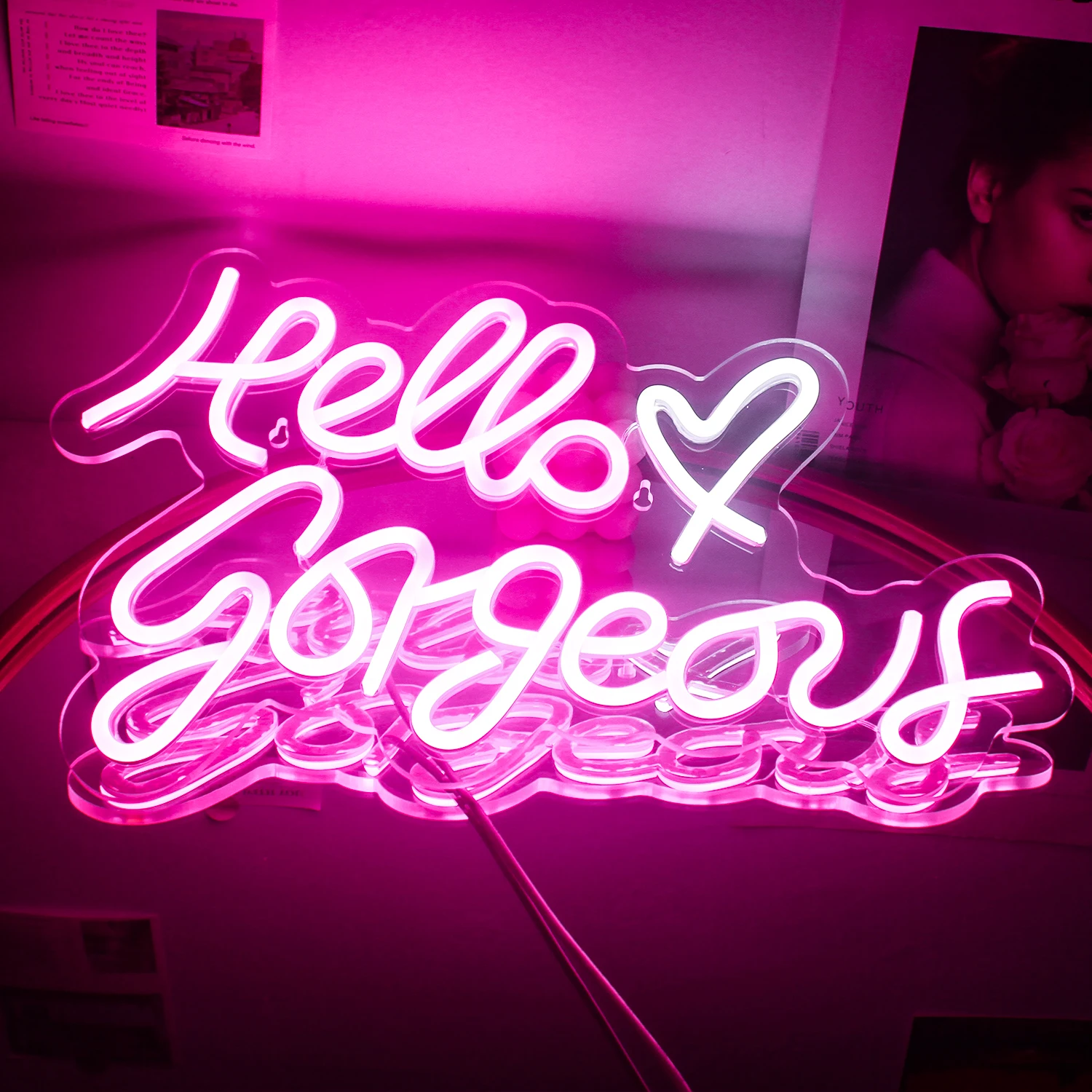 Hello Gorgeous Neon Sign LED Light-Up Sign for Family Wedding Birthday LED Neon Sign Dimmable Switch Engagement Wall Room Decor
