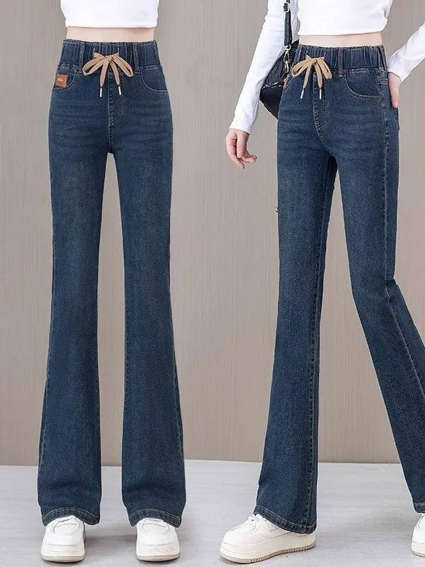 

Slim Fit High Waist Denim Wide Leg Pants Women's Fce Lined Thiened Autumn Winter New Sle Elastic Waist Straight Jeans