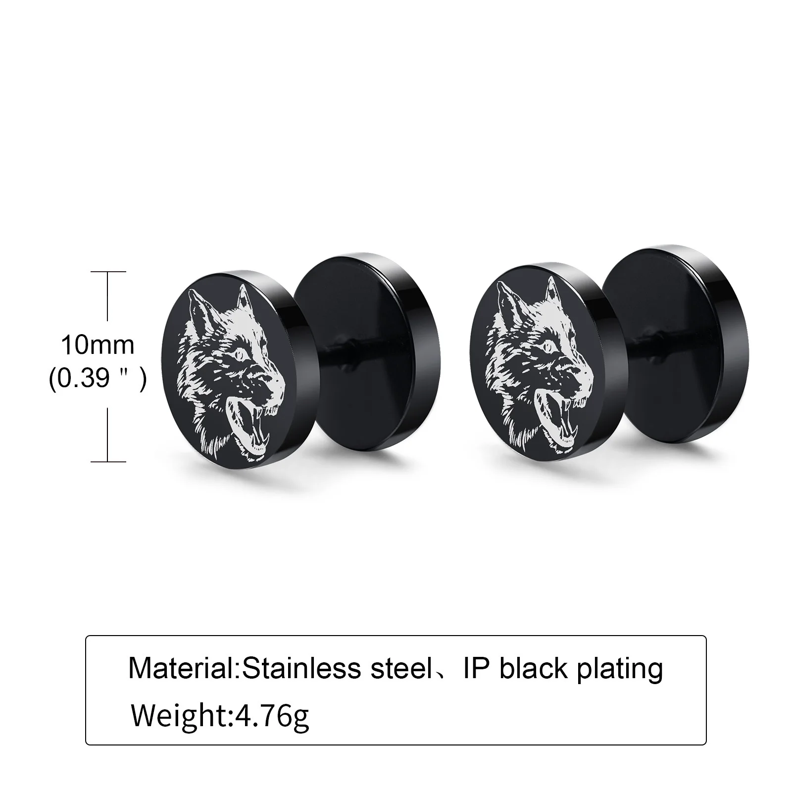 Street Hip Hop Rock Wolf Tree of Life Stud Earings for Men, Stainless Steel Screw Dumbbell Earrings