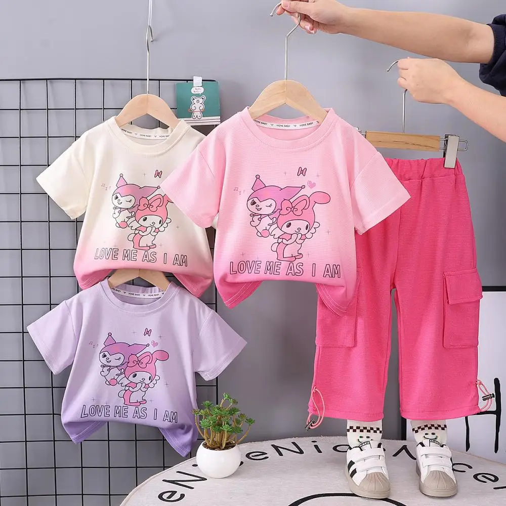 

Girls Summer Set Sanrio Kuromi My Melody Cute T-Shirt Trousers Child Cartoon Short-Sleeved + Pants Suit 2Pcs Children's Clothing