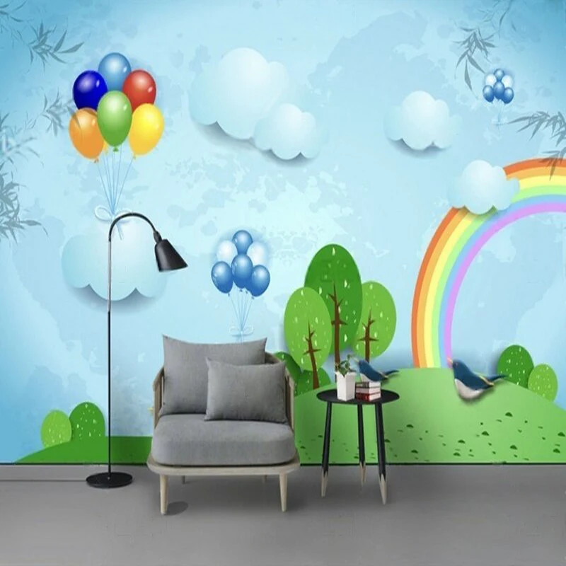 

Blue children's room cartoon grassland rainbow balloon cloud tree bedroom luxurious home decoration custom background wall