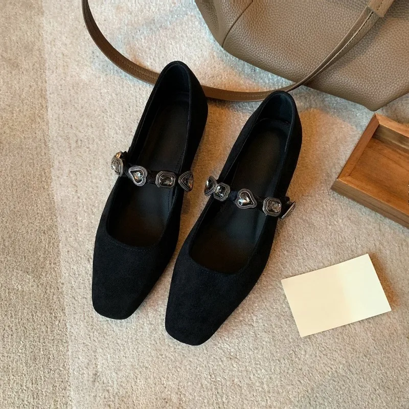 French Rhinestone One-strap Flat Shallow Opening Mary Jane Single Shoe 2025 New Style Small Square Toe Low-heeled Ballet Shoe