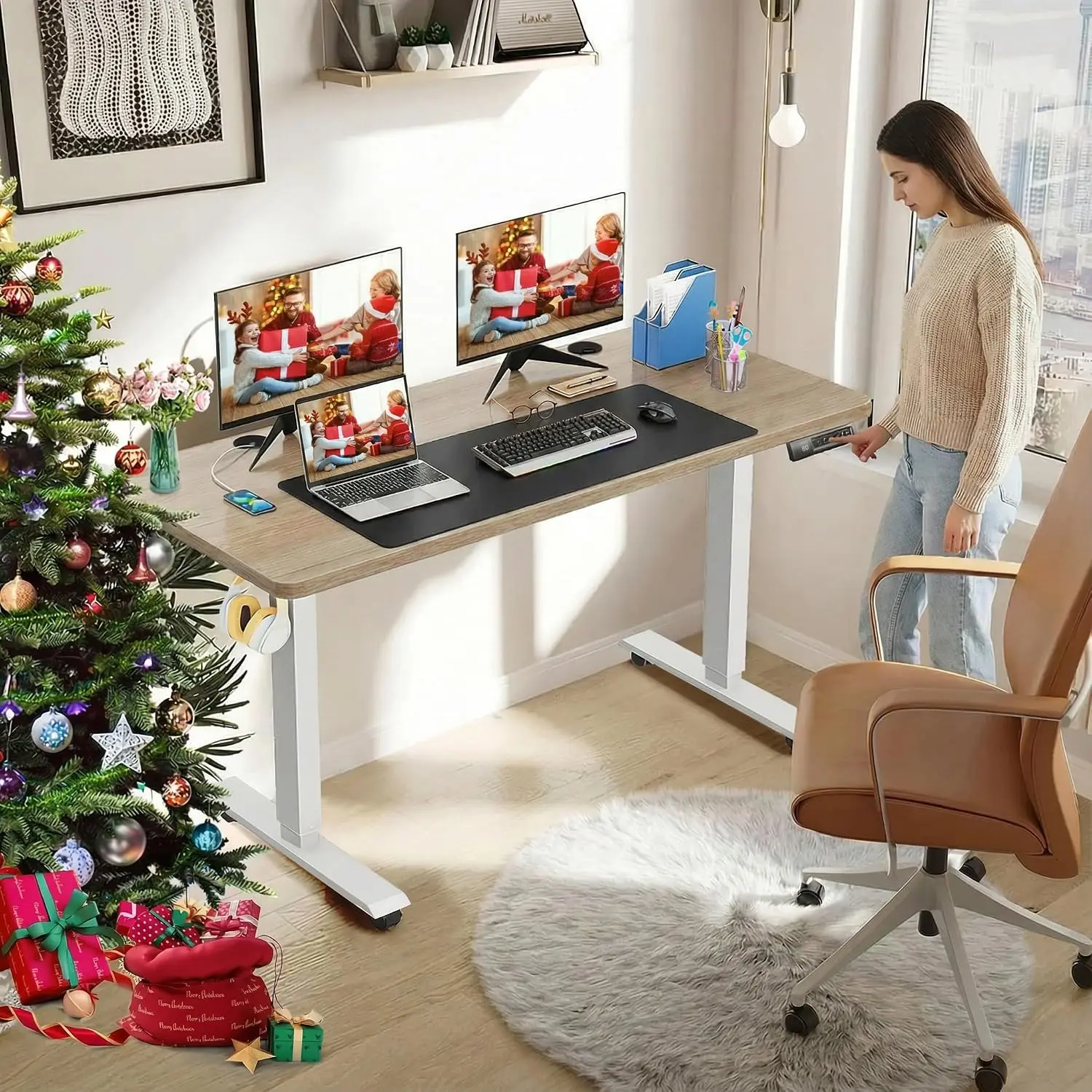 Electric Standing Desk Adjustable Height, 55 x 24 Inch Stand up Desk with Large Mouse Pad, Rolling Wheels & Foot Pad,27''-46'' L