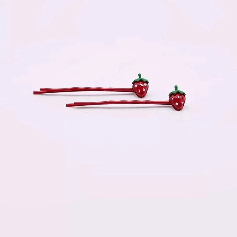 2 Pcs Children\'s Red Strawberry Cherry Orange Carrot Metal Hair Clips Cute Fashion Hairpin Simple Bangs Word Clip Headdress