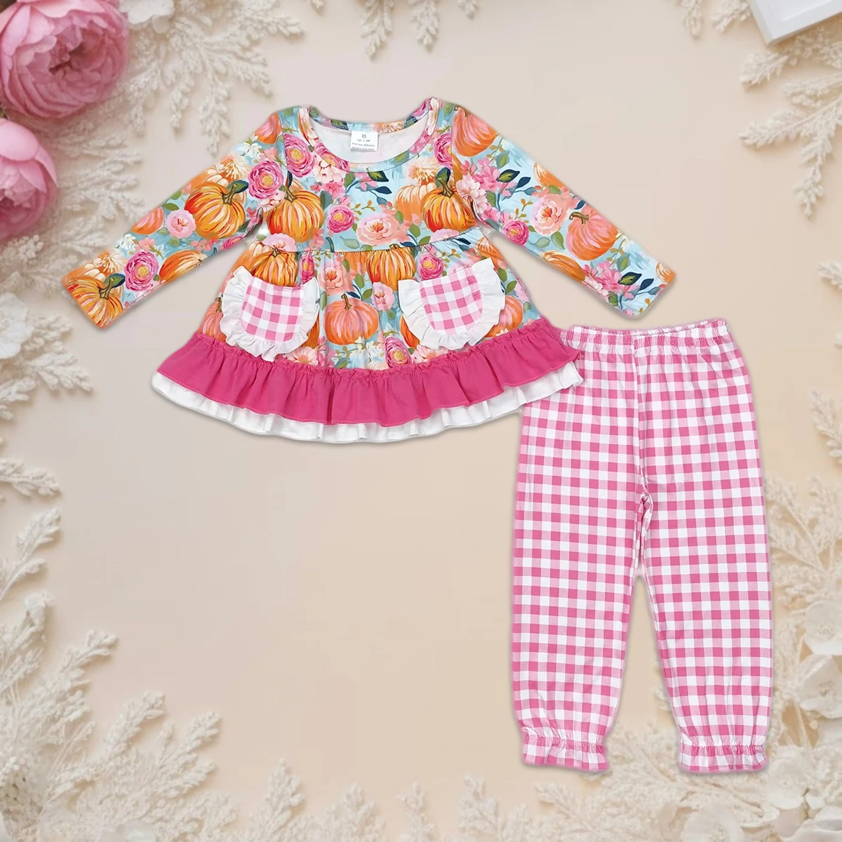 

Hot Sale Children Long Sleeve Pumpkin Pocket Shirt Pink Plaid Pants Baby Girl Infant Set Toddler Thanksgiving Outfit Wholesale