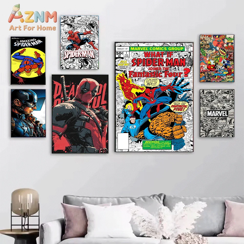 AZNM Spiderman Standing City Building Window Comic Panel Canvas Wall Print, Retro Comic Book Page Speech Bubble Graphic Art Po