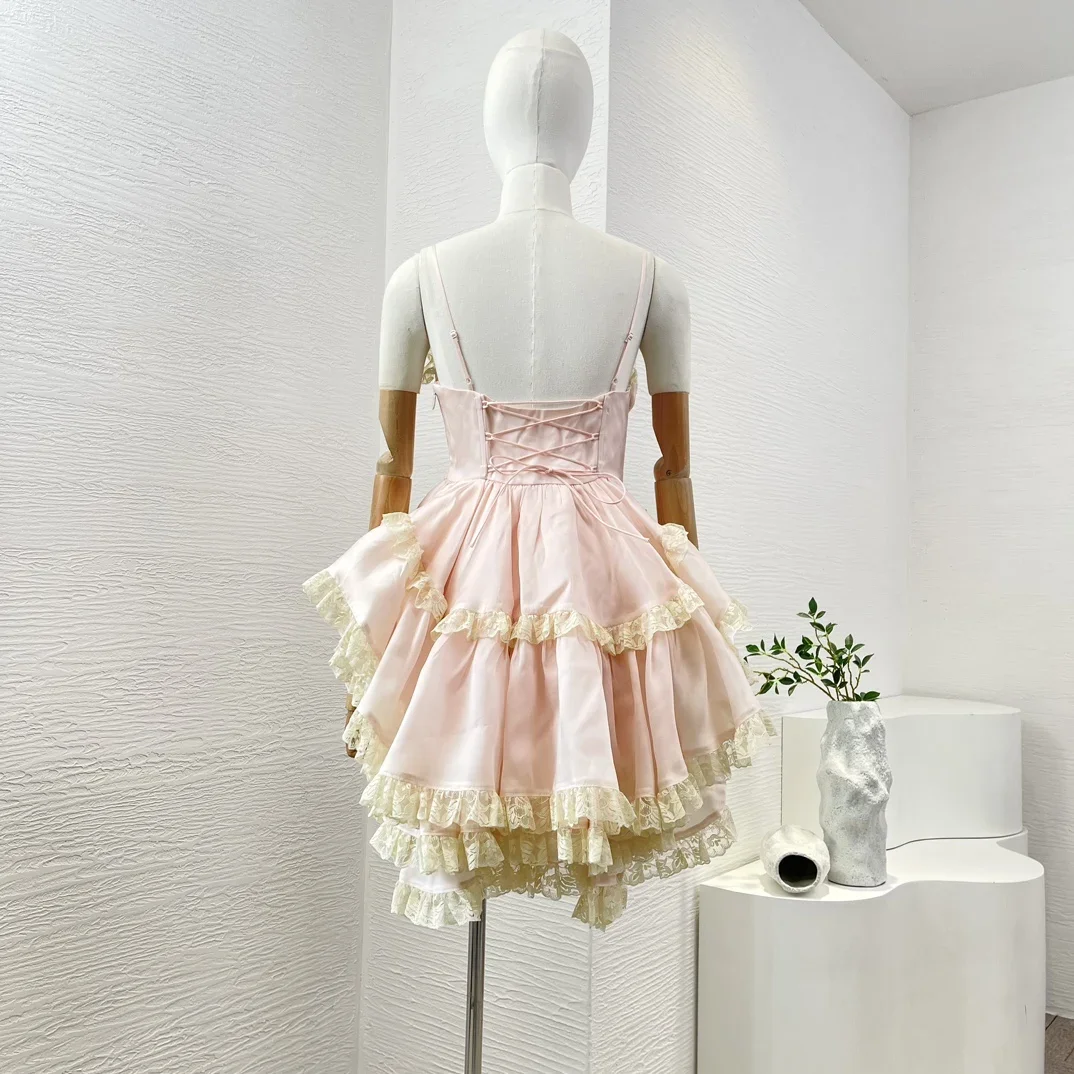 Women Mini Dress 2024 New High Quality Summer Pink Sleeveless Lace Patchwork Puffy Plaet Sweet Elegant for Party Birthday Lady