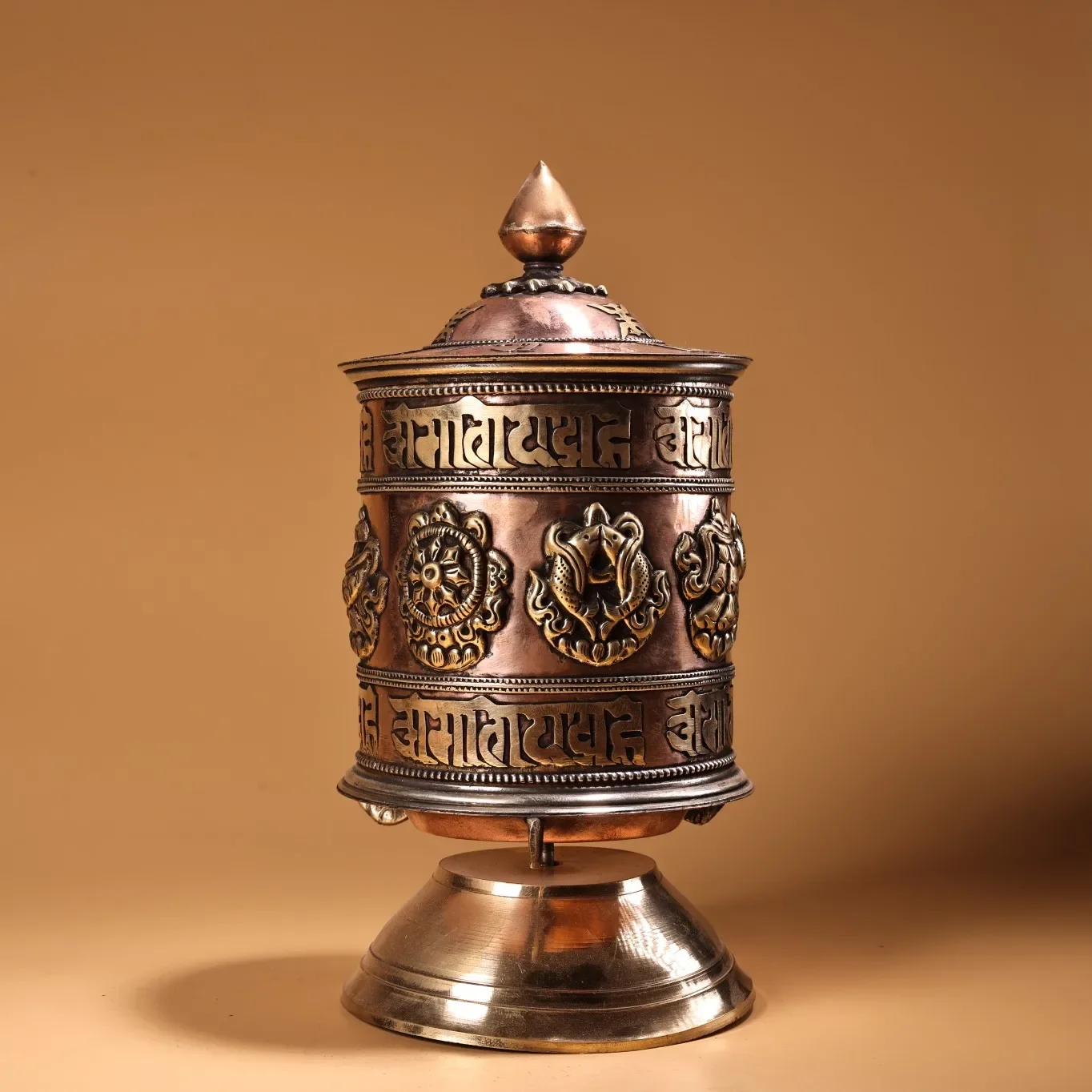 Folk Old Bronze Tibetan Silver Six Word Proverbs Eight Treasures Prayer Wheel Amulet Worship Hall