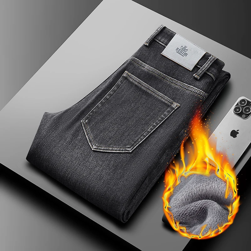 

Men Thermal Jeans Snow Warm Stretch Straight Leg Jeans Man Winter Fleece Denim Long Pants Blue Gray Business Classic Trousers