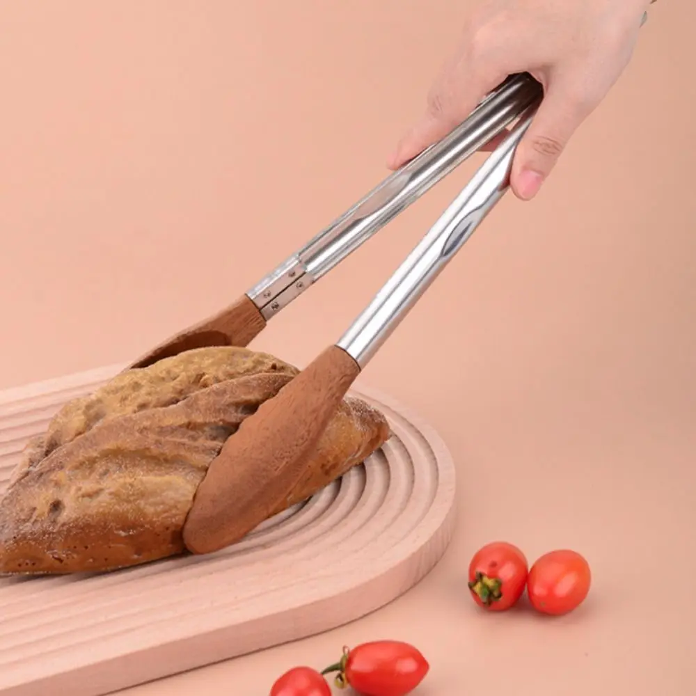 

Stainless Steel Handle BBQ Grilling Tong Non-slip Anti-scalding Salad Bread Dessert Tong Wood Head High Temperature Resistant