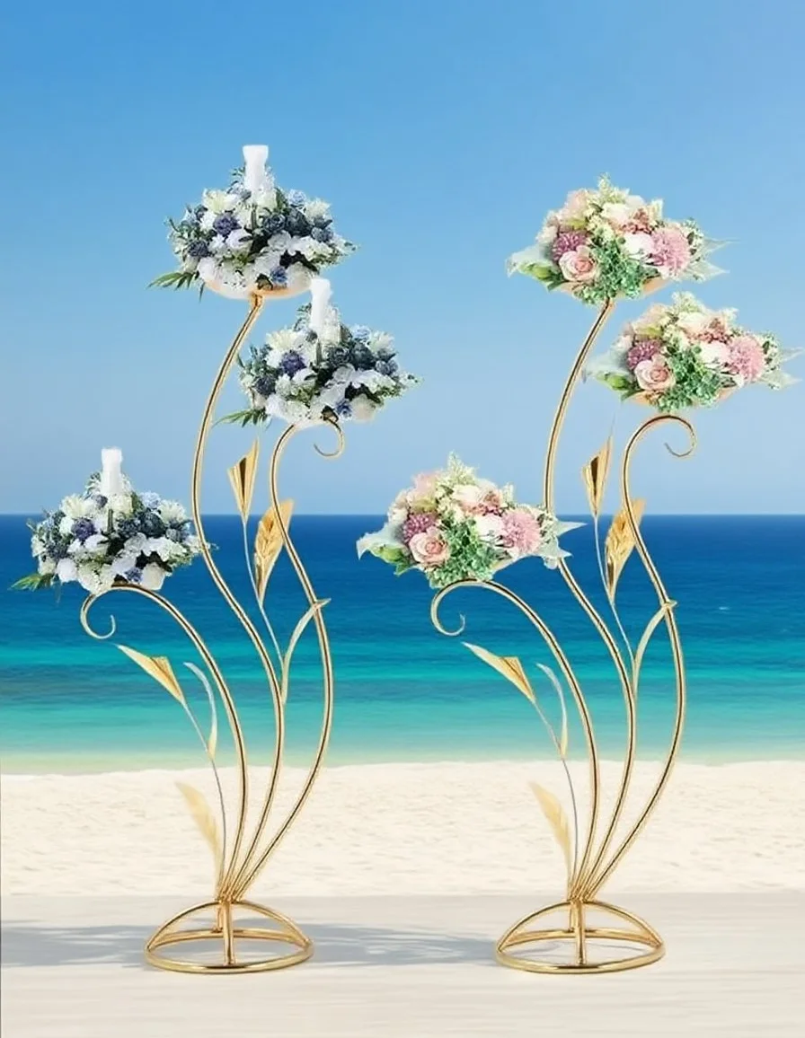 Goldener Blumenständer für Hochzeits- und Geburtstagsfeier-Dekoration, Festliche Hintergrunddekoration, Heimdekoration, Verlobungs- und Einweihungsgeschenk – Detail 2