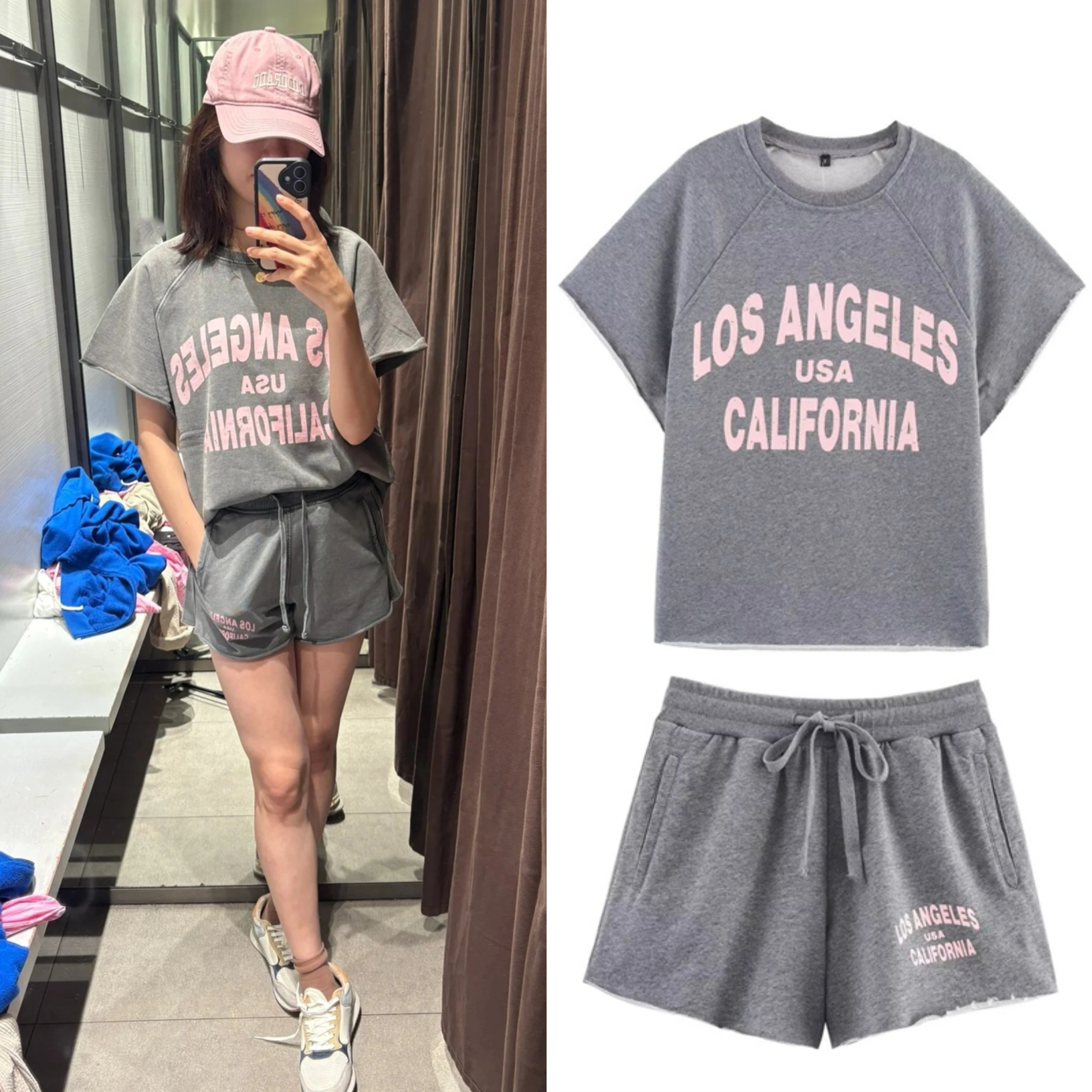 

Women's Suit New Summer 2025 Grey Printed Wash Effect Flannel Short Sleeve T-Shirt Shorts Set Casual Sports Sexy and stylish