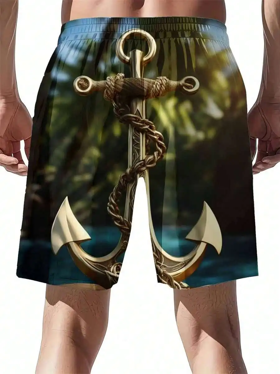

Nautical Anchor Print Swim Trunks For Men With Rope Detailing Casual Beach Shorts