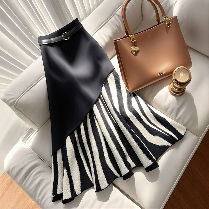 

Новая элегантная юбка-трапеция в стиле пэчворк с полосками и зебровым принтом для женщин, весна-осень, приталенная, с завышенной талией