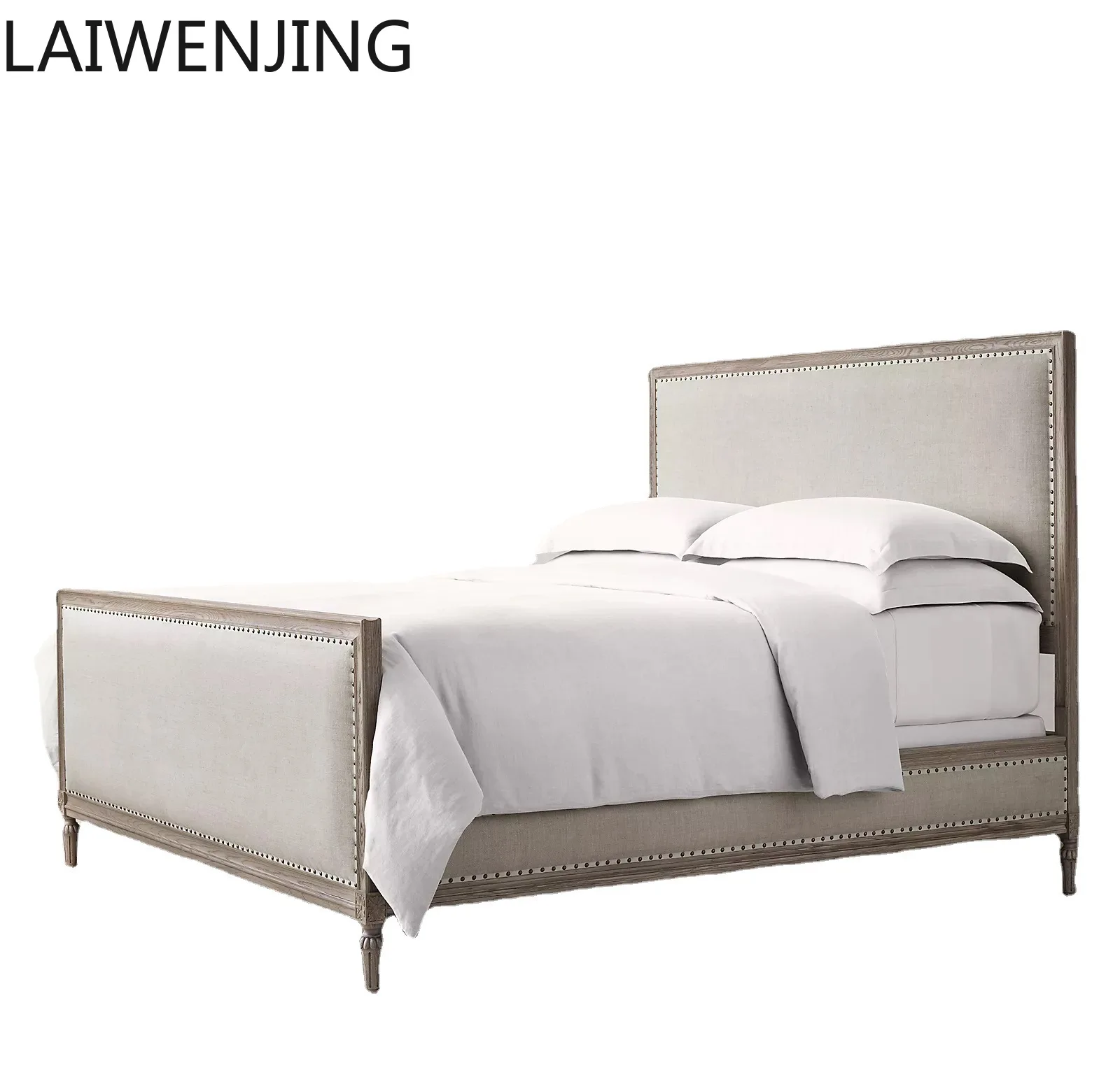 

HLZ rural retro fabric double bed solid wood carving flower bed classical
