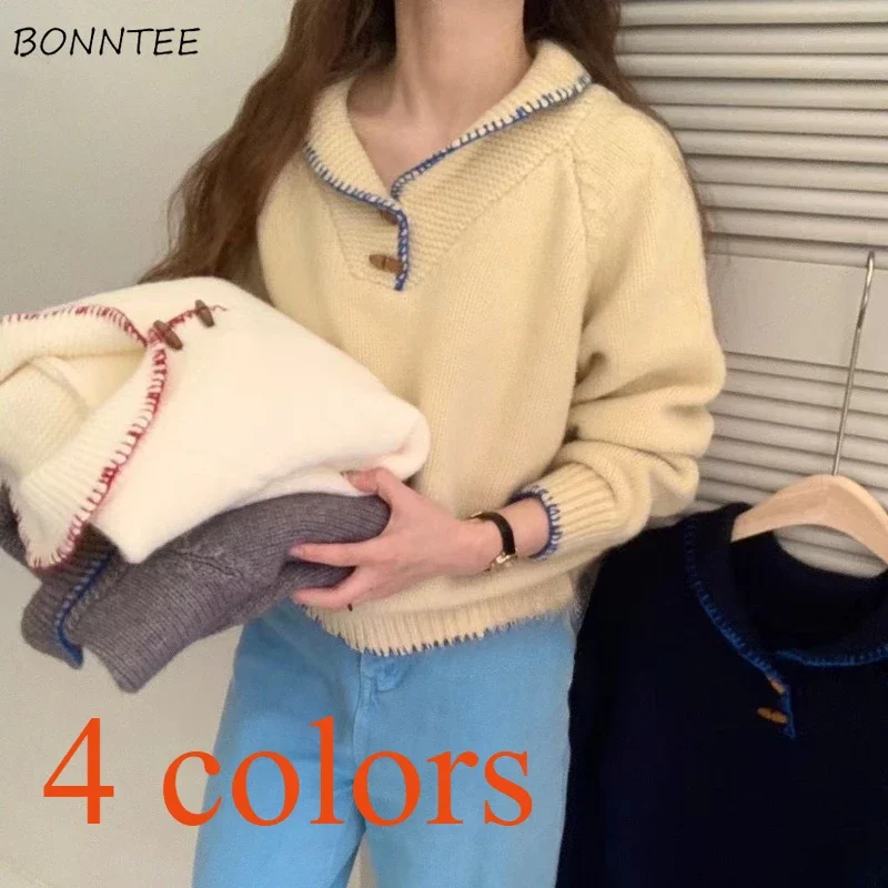 

Pullovers Women Korean Style Ins Knitted 4 Colors All-match Loose Peter Pan Collar Warm Autumn Winter College Streetwear Soft
